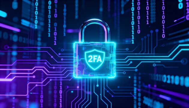 Digital padlock glowing in cyber space, 2FA symbol in center, abstract secure data technology