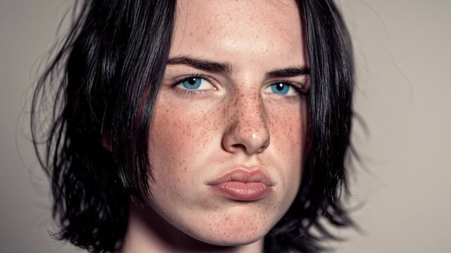 Close up portrait of young brunette with freckles and blue eyes, puffing cheeks and pouting at the camera, moody, sulky expression conveying stubborn annoyance and attitude