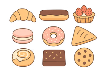 Cute collection of various baked goods and sweet desserts including donuts, cookies, and pastries