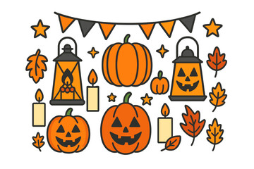 Halloween and Autumn elements featuring jack-o'-lanterns, candles, lanterns, and fall leaves