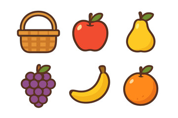 Colorful fresh fruit icons set with apple, banana, orange, grapes, and picnic basket