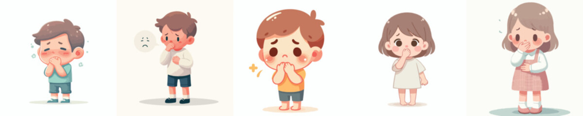 vector of a little boy gesture covering his mouth in nausea