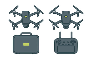 Modern quadcopter drones, remote controller, and protective carrying case for aerial equipment