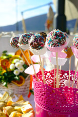 Colorful chocolate cake pops with rainbow sprinkles at outdoor dessert table. Symbolizes festive party treat presentation, celebration confectionery, and sweet handmade delicacies arrangement. 