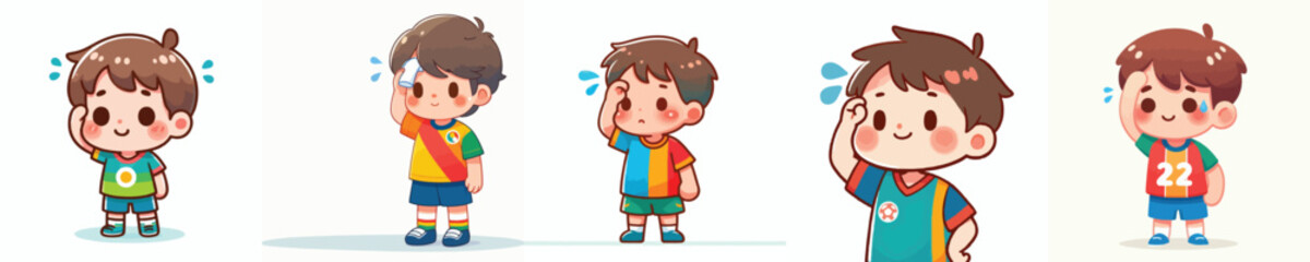 vector of a little boy wiping sweat gesture