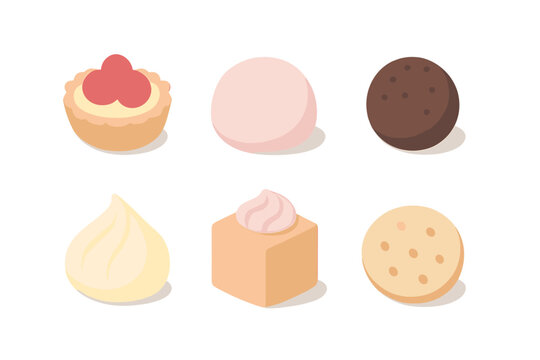 Isometric collection of sweet desserts and confectionery items against a clean white background