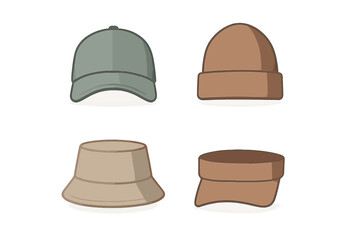 Collection of casual headwear items: baseball cap, knit beanie, bucket hat, and sun visor