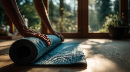 Morning routine includes rolling up a blue yoga mat by a window surrounded by plants in a peaceful setting