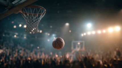 Basketball shoots through the hoop during a thrilling game in a packed arena filled with excited fans and bright lights in the evening