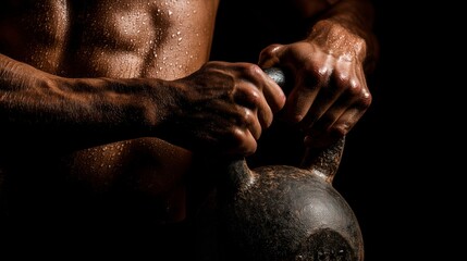 Strong hands grip a heavy kettlebell in a dimly lit gym showcasing intense focus and physical effort during strength training