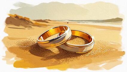 Elegant wedding rings resting on a sandy beach, symbolizing love and commitment