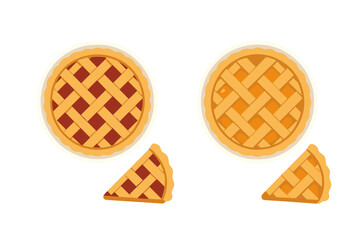 Two delicious homemade fruit pies with lattice crusts and individual slices on a white background