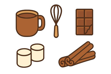 Cozy winter drink elements set with hot chocolate mug, marshmallows, spice, and cocoa bar
