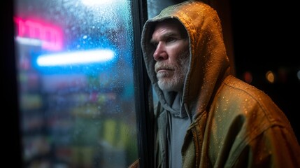Man in a hoodie gazes out at a rainy night through a store window, reflecting deep thoughts and emotions in the urban environment
