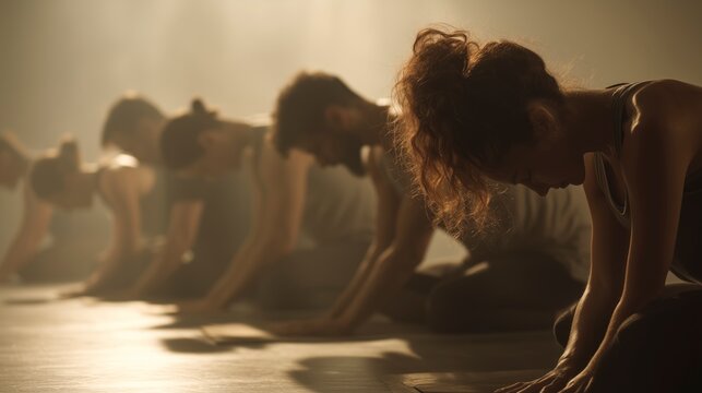 Group of dancers practicing in a studio during a soft lit afternoon, showcasing their focus and dedication to the art of movement and dance
