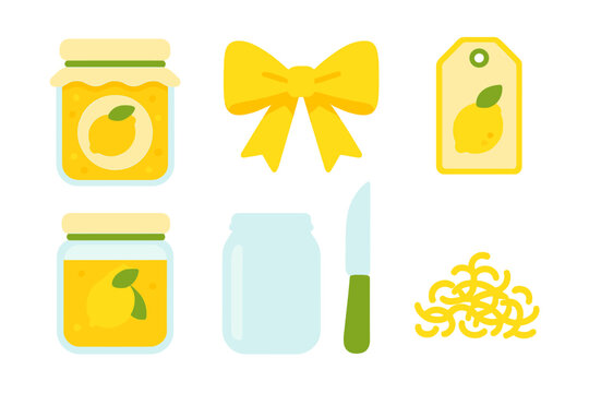 Homemade lemon jam jars, kitchen knife, zest, and canning supplies with yellow ribbon