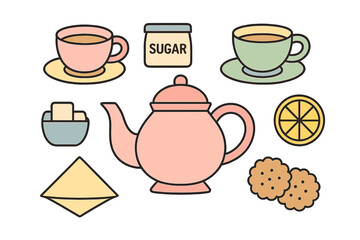 Pastel colored tea party set featuring teapot, teacups, sugar bowl, lemon slice, and biscuits