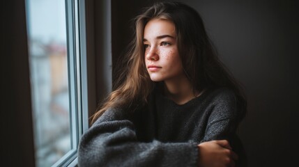 Young woman reflecting by the window in a cozy indoor space on a quiet afternoon, lost in thought with soft natural light illuminating her features