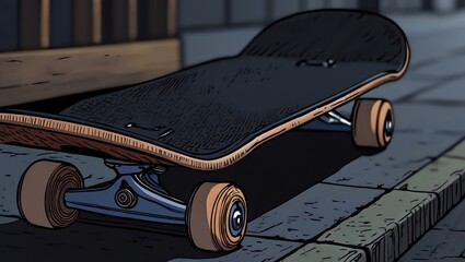 Close-up of a skateboard resting on a city sidewalk at dusk