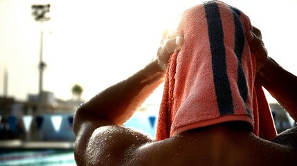 Swimmer drying off after practice at an outdoor pool in the late afternoon sun, showcasing determination and focus on fitness