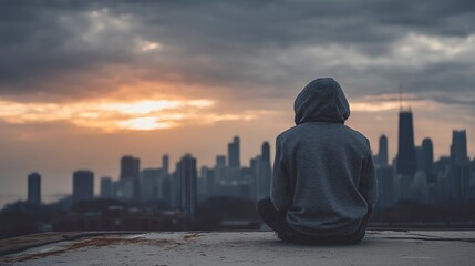 Person sitting on rooftop looking over city skyline at sunset, reflecting on life and dreams amid urban landscape