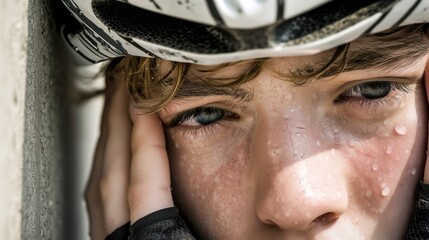 Young cyclist resting after intense training in a sunny outdoor location, showing determination and focus in their gaze while sweating