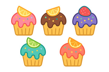 Brightly colored sweet cupcakes decorated with fruit slices and sprinkles
