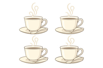 Pattern of four steaming cups of coffee or tea served on saucers with spoons