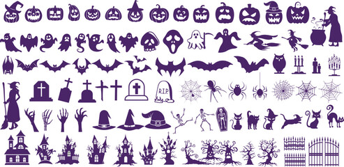Spooky Halloween silhouette set featuring pumpkins, witches, ghosts, bats, cats, skeletons, tree, and haunted houses. Perfect for party design, decoration, poster, sticker. Halloween illustration set.
