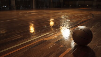 Basketball rests on polished court during evening practice in a gym, showcasing the hardwood surface and reflections on the floor