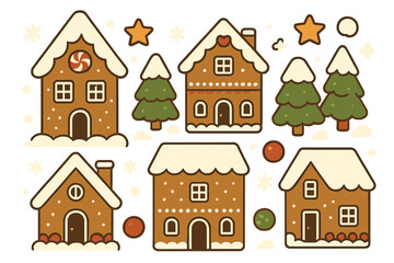 Fototapeta premium Charming collection of festive gingerbread houses and snowy Christmas trees decorated for winter holidays