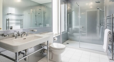 Modern minimalist bathroom with glass shower and stainless fixtures