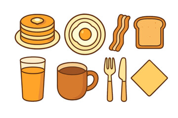 Classic American breakfast food including pancakes, fried egg, bacon, toast, and beverages
