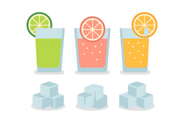 Vibrant summer cocktails and fresh juice drinks with citrus slices and ice