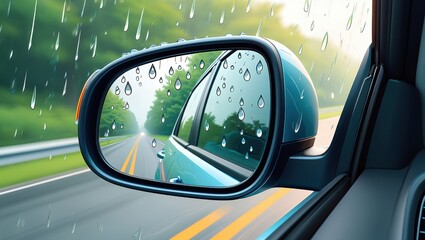 Raindrops on a car side mirror reflecting a scenic road view