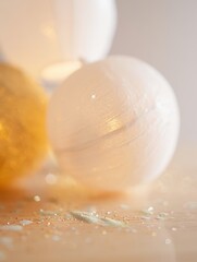 Soft glowing decorative balls with shimmering glitter on a light background