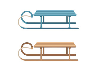 Classic wooden sleds in blue and natural wood tones for winter sports and holiday recreation