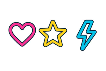 Brightly colored pop art style icons featuring a pink heart, a yellow star, and a blue lightning bolt symbol