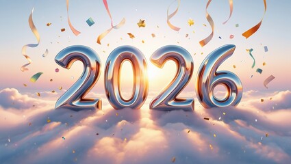 Shiny 2026 numbers surrounded by colorful confetti and ribbons in the sky