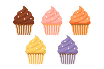 Five brightly colored sweet dessert cupcakes with decorative frosting assortment