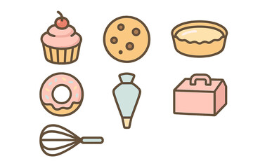 Cute pastel baking and dessert icons set featuring cupcake, cookie, donut, and kitchen tools