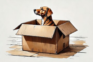 Dog sitting in a cardboard box, showcasing curiosity and playfulness