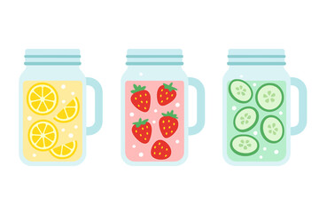 Refreshing detox drinks in mason jar mugs with lemon, strawberry, and cucumber slices