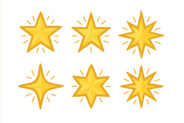 Set of six distinct shiny golden star shapes featuring radiating light rays and sparkle effect