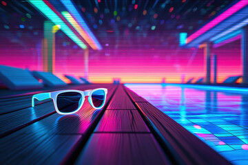 Stylish sunglasses resting on a wooden deck by a vibrant poolside at night