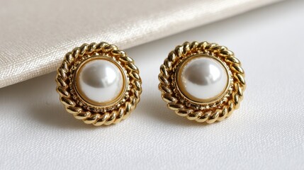 Elegant Gold and Pearl Button Earrings with Twisted Rope Design for Formal and Casual Occasions