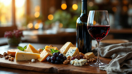 Elegant cheese platter with red wine in a luxurious restaurant setting.
