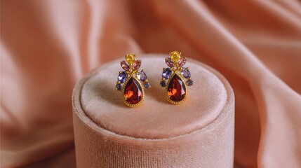 Elegant gemstone earrings showcased on a soft velvet pedestal with delicate colors and intricate designs to enhance any jewelry display