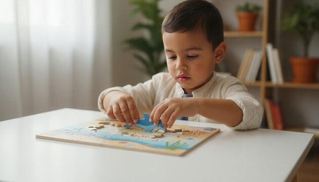 A concentrated little boy assembling a wooden jigsaw puzzle at a table. Child development and early learning through play. Fine motor skills and problem-solving concept