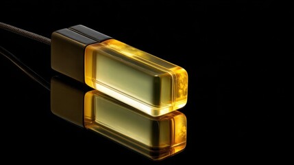 Elegant golden perfume bottle with reflective surface and black background showcasing luxury and beauty